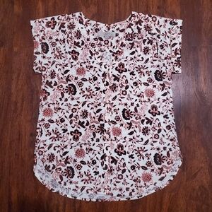 Loft Womens Short Sleeve Floral Button Up Blouse V Neck White Size XS
